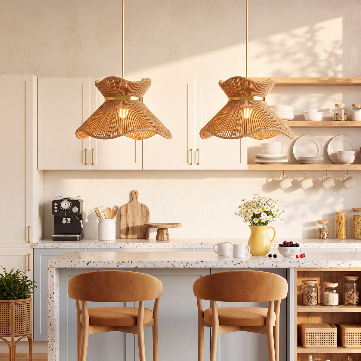 15.75" Farmhouse Rattan Pendant Light, Woven Boho Chandelier