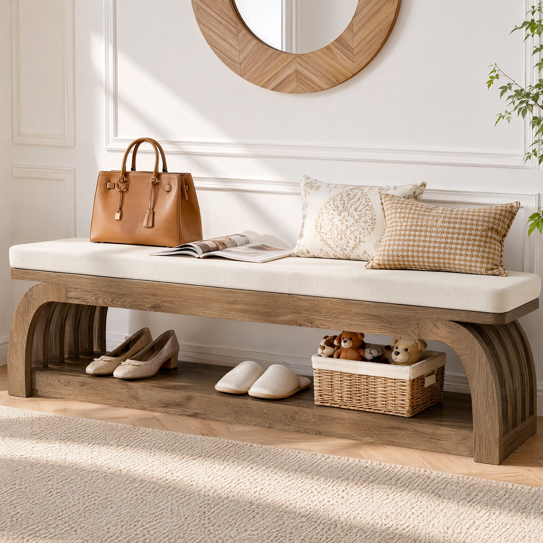55" Upholstered Entryway Bench, 2-Tier Shoe Storage Bench with Hollow Legs for Hallway