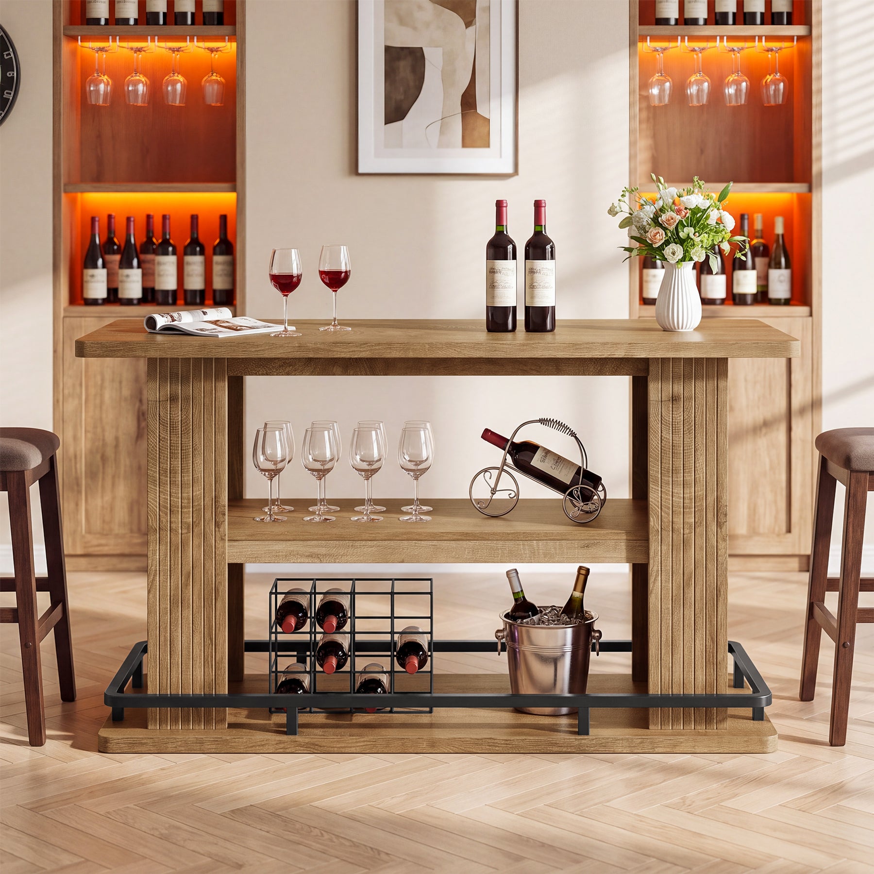 63" Bar Table, 3-Tier Counter Height Pub Table with Metal Footrest for Kitchen, Bistro