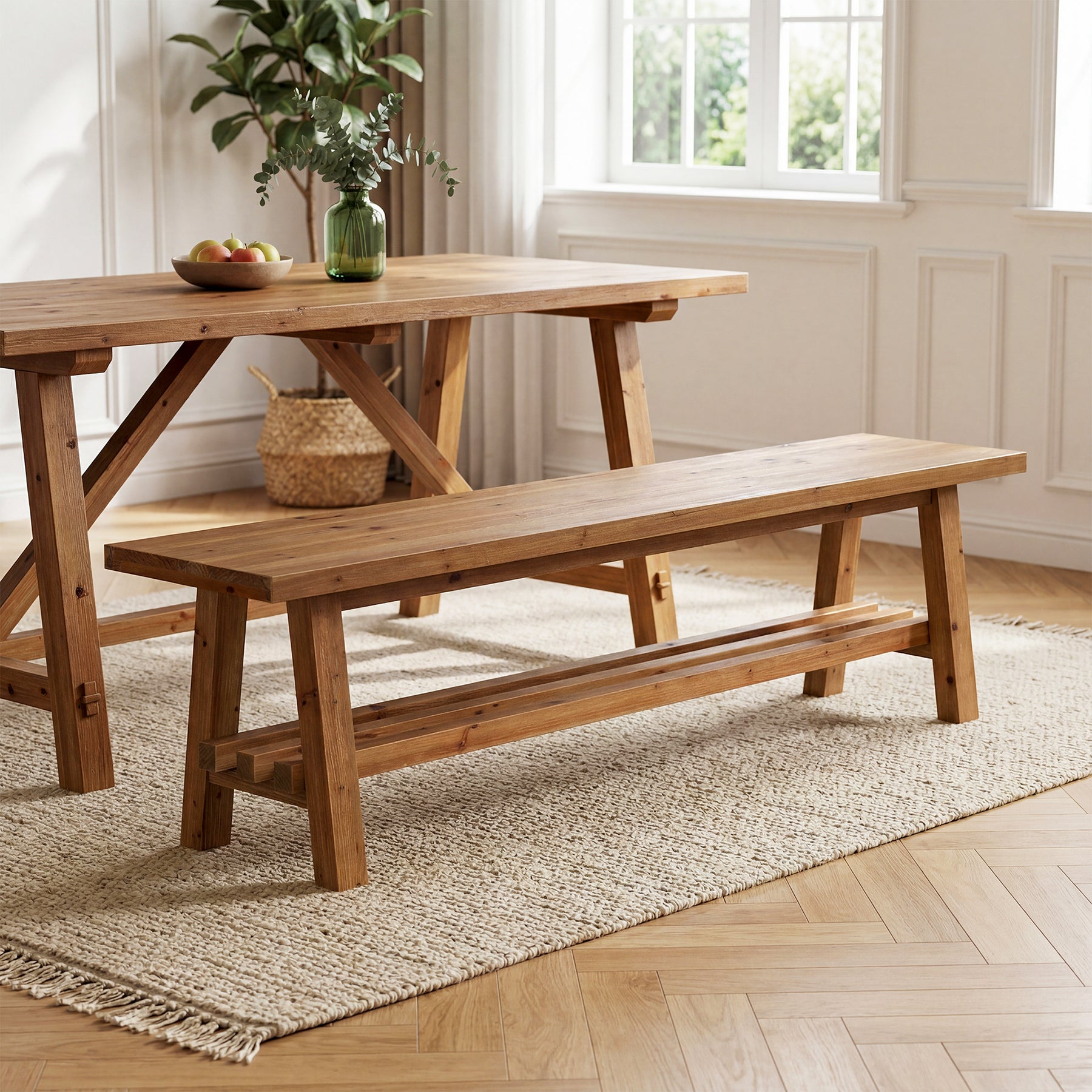 55" Solid Wood Dining Bench, 2-Tier Kitchen Dining Seat for Dining Room
