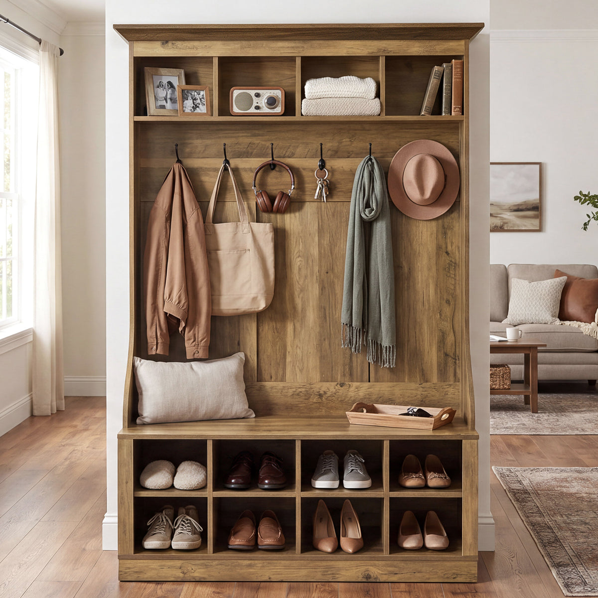 4-in-1 Hall Tree with Bench & Shoe Storage, 70.9" H Entryway Coat Rack with 6 Hooks, 12 Cubbies