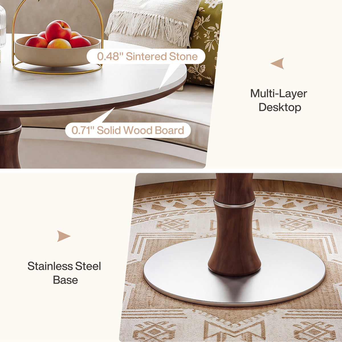 35" Round Sintered Stone Dining Table for 2-4, Rubberwood Pedestal