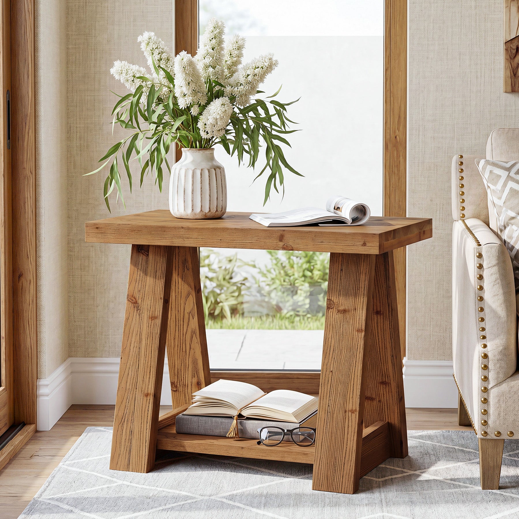 Tribesigns 23.6 Inch 2-Tier Side Table, Solid Wood Rectangle End Table with Storage Shelves for Living Room