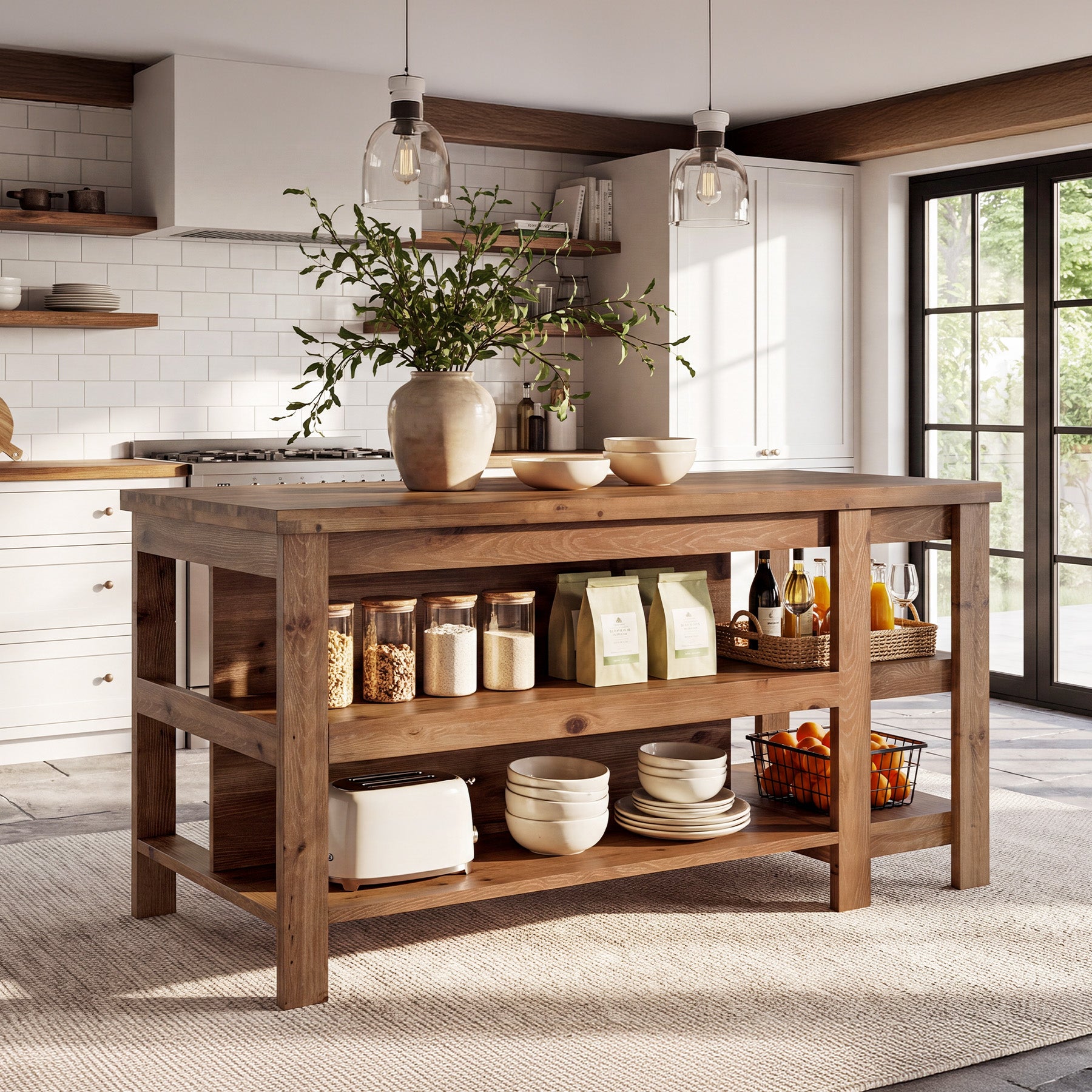 61" Farmhouse Kitchen Island with Storage, 3-Tier Solid Wood, Freestanding Dining Island Table
