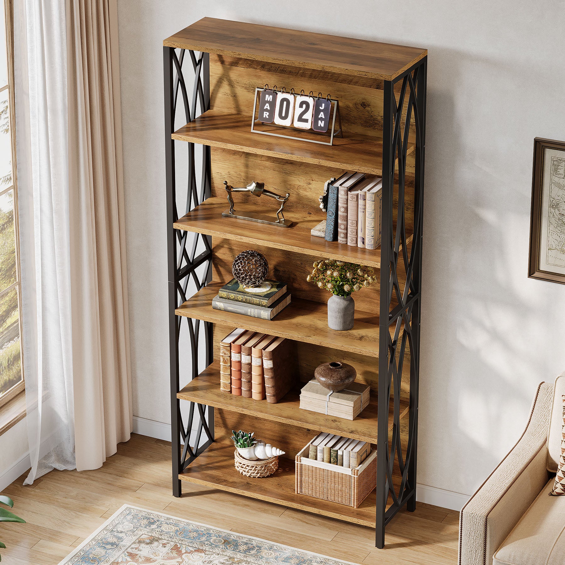6-Tier Bookshelf with Geometric Metal Frame - Thumbnail 3