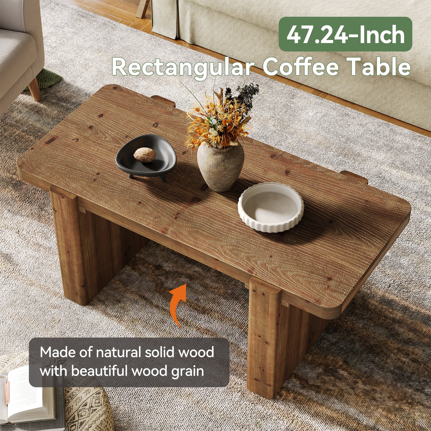 47" Solid Wood Coffee Table, Rectangular Center Table with Heavy-Duty Legs