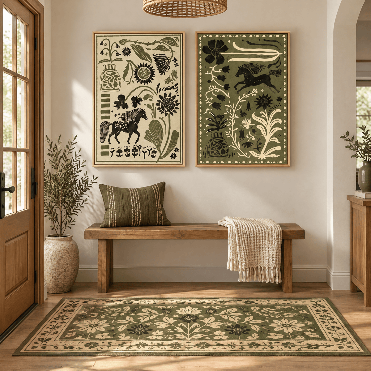 Tribesigns 2-Piece Modern Boho Horse Wall Art, Earthy Green Canvas Prints for living room