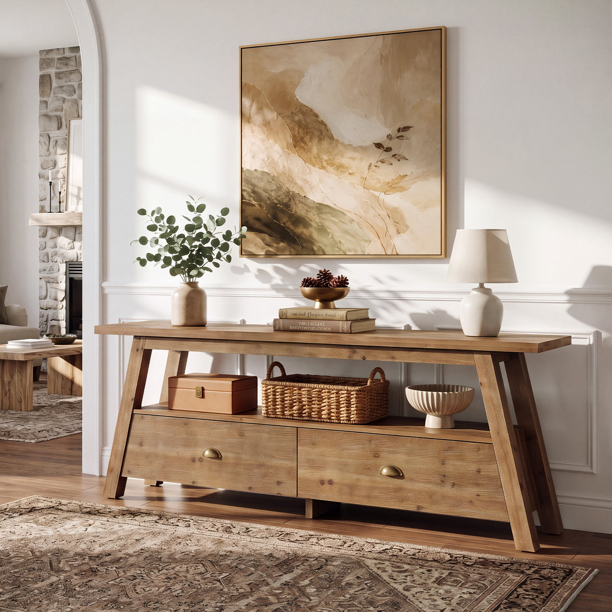 63" Console Table with Drawers, Farmhouse Solid Wood, 2-Tier A-Frame Entryway Table