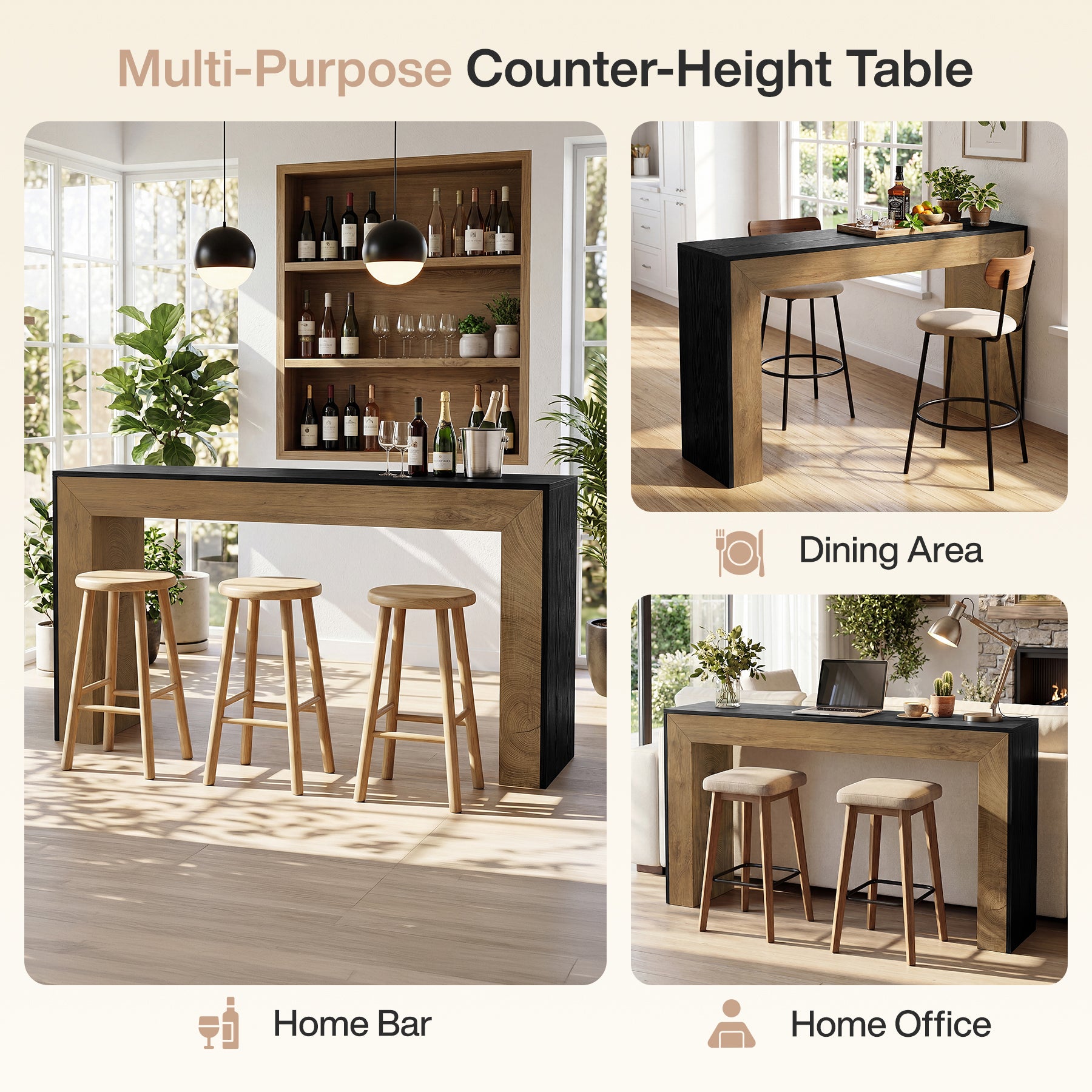 63" Counter Height Bar Table, Modern Industrial High Top Dining Table with Sturdy Base for Kitchen or Home Bar