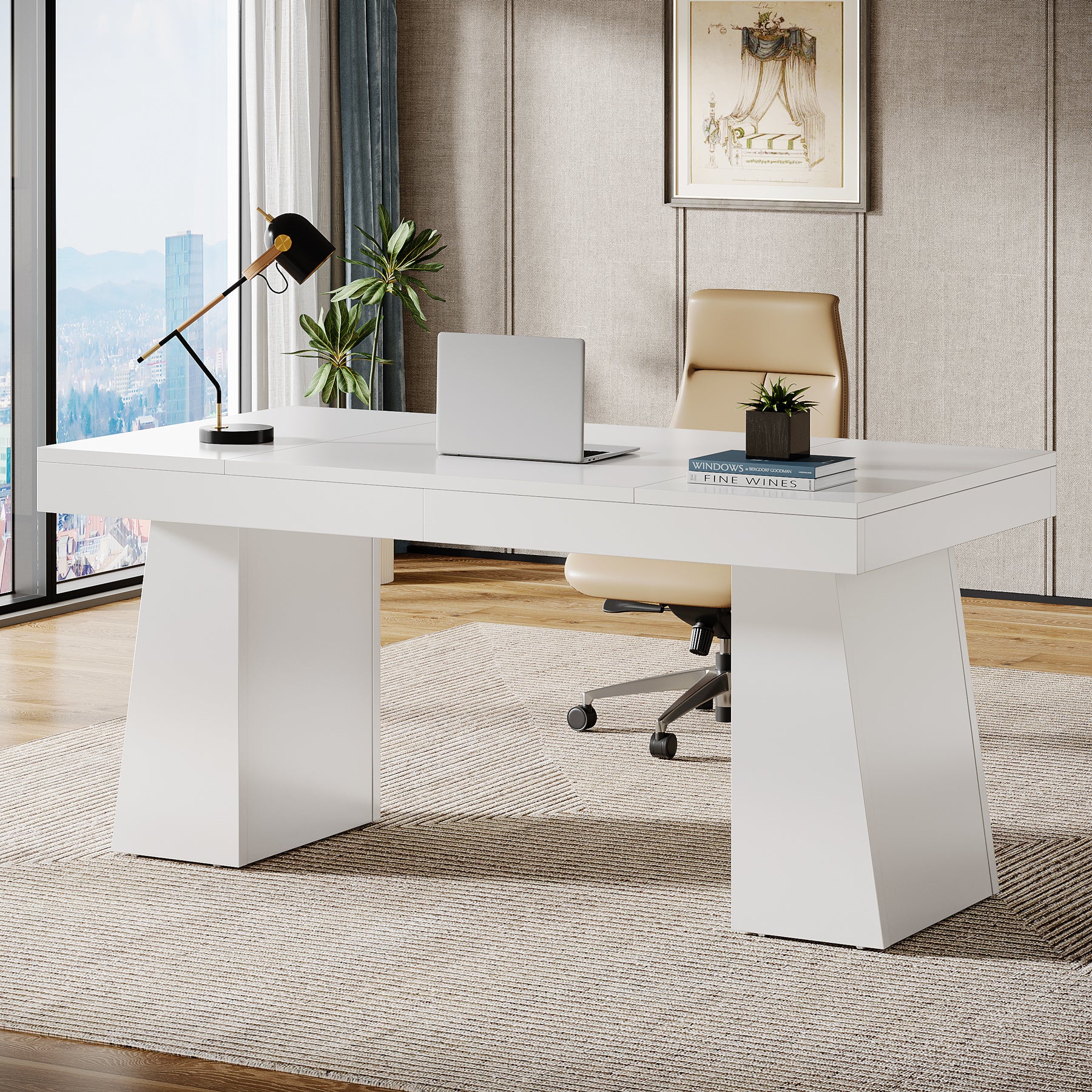 55" Executive Office Desk with Double Trapezoid Base, Modern Wooden Computer Desk for Home Office