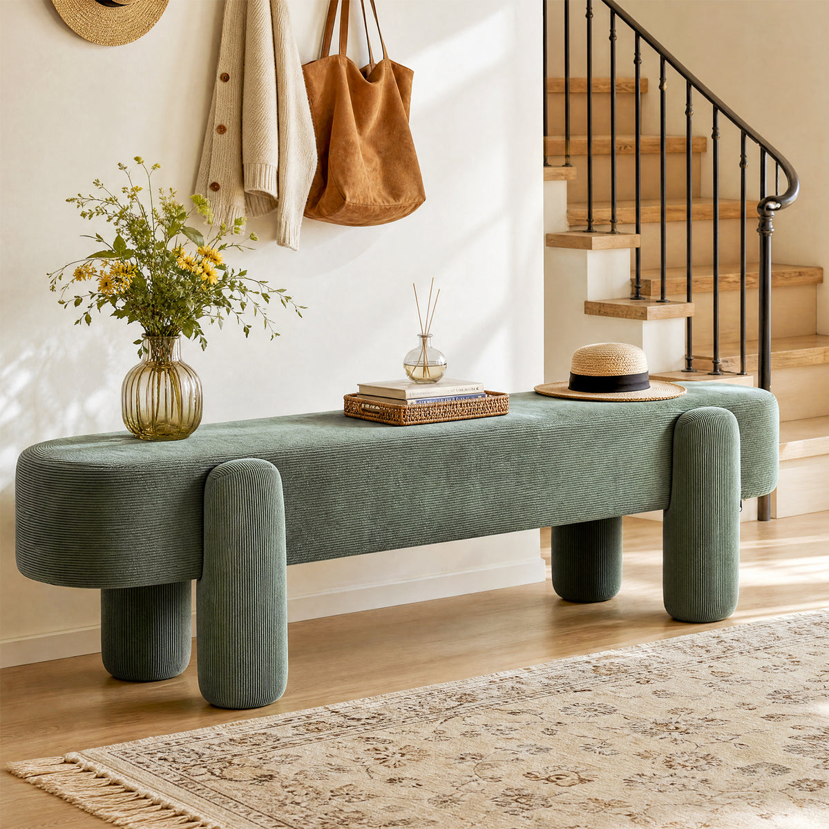 Tufted Upholstered Entryway Bench, Solid Wood Frame, Modern Bedroom Bench