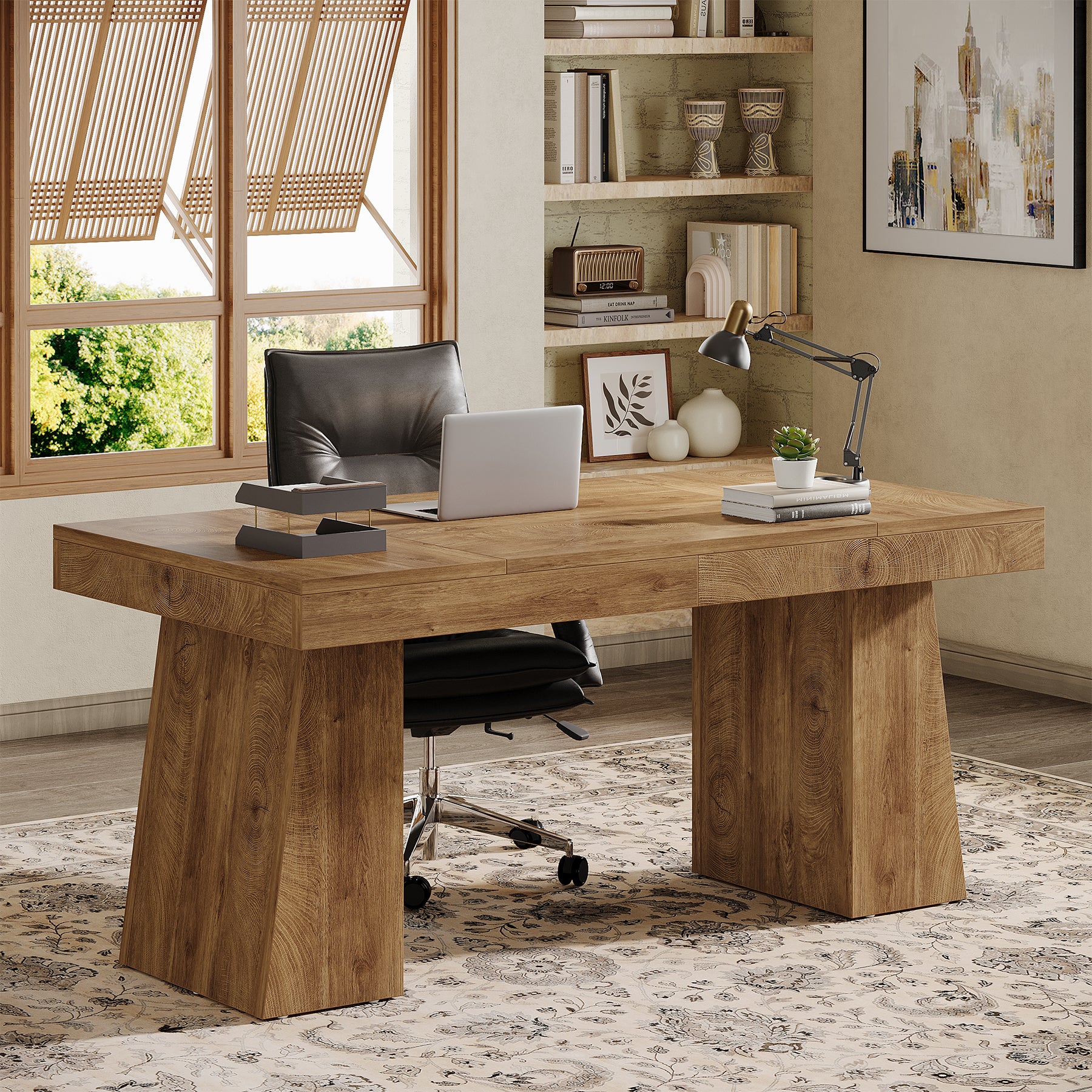 55" Executive Office Desk with Double Trapezoid Base, Modern Wooden Computer Desk for Home Office