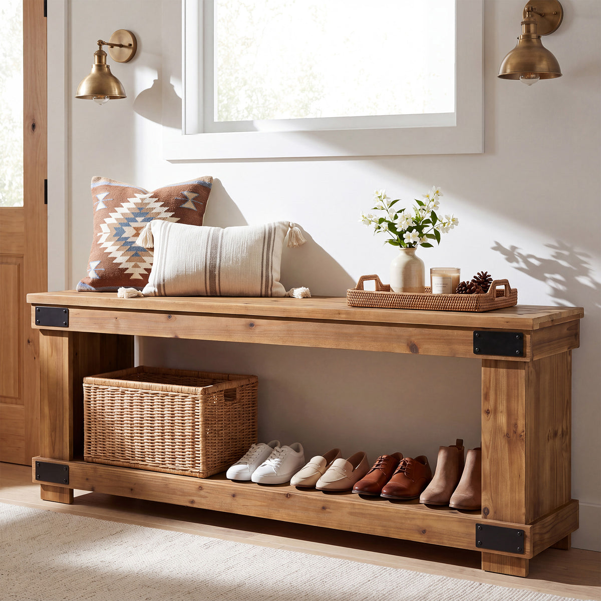 63" Solid Wood Entryway Bench, 2-Tier Shoe Storage, Industrial Hallway Bench