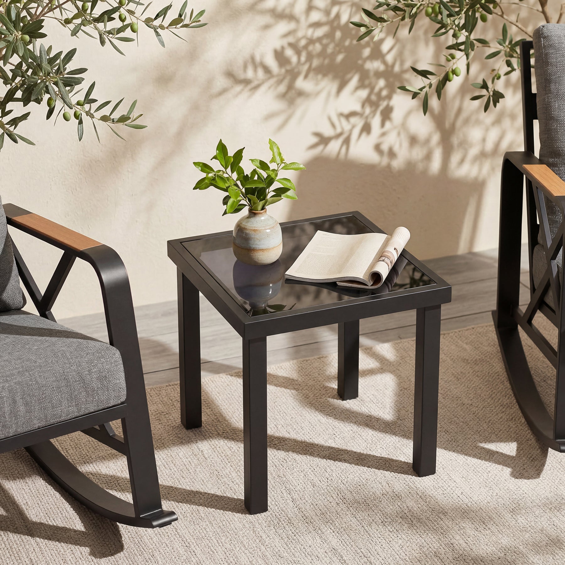 2-Person Outdoor Rocking Chair Set With Bistro Side Table And Cushions