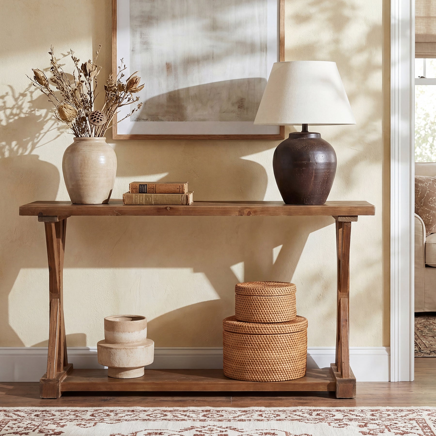63" Narrow Console Table, Farmhouse Solid Wood Entryway Table with 2-Tier Storage