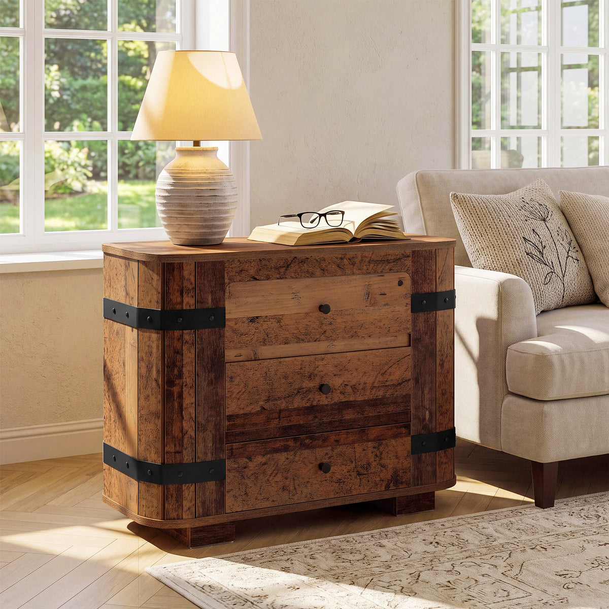 Oversized 3 Drawer Nightstand, Extra Wide Rustic Large Bedside Table, Bedroom
