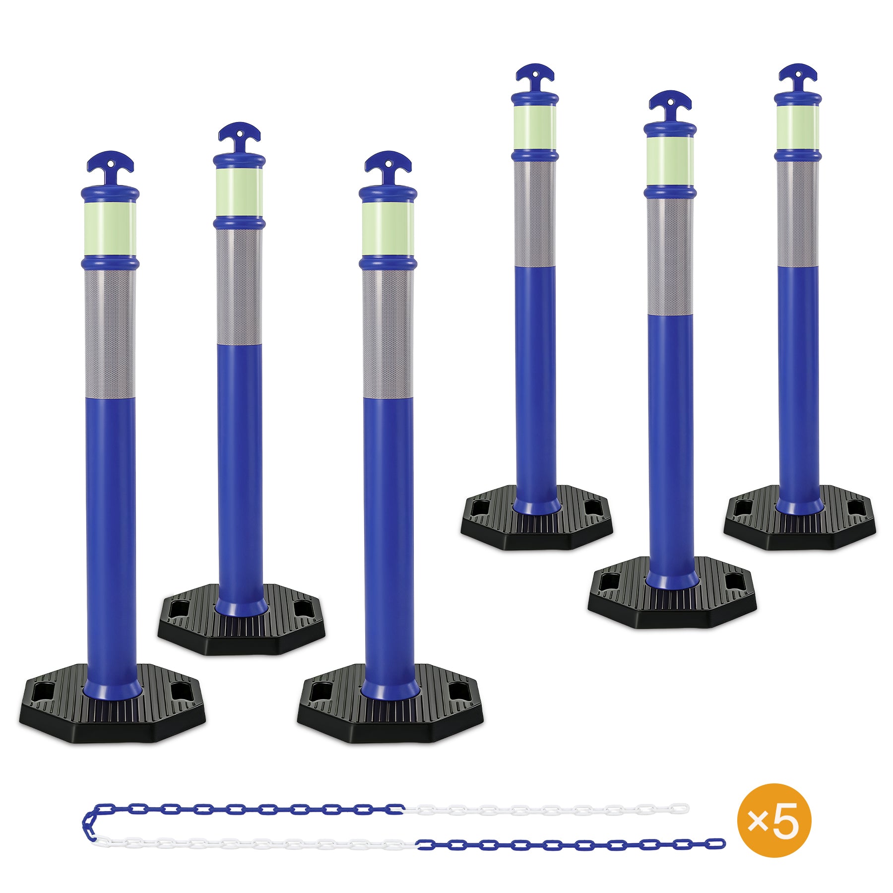 45" Reflective & Glow-in-the-Dark Traffic Delineator Posts with Heavy Rubber Base & Connecting Chains