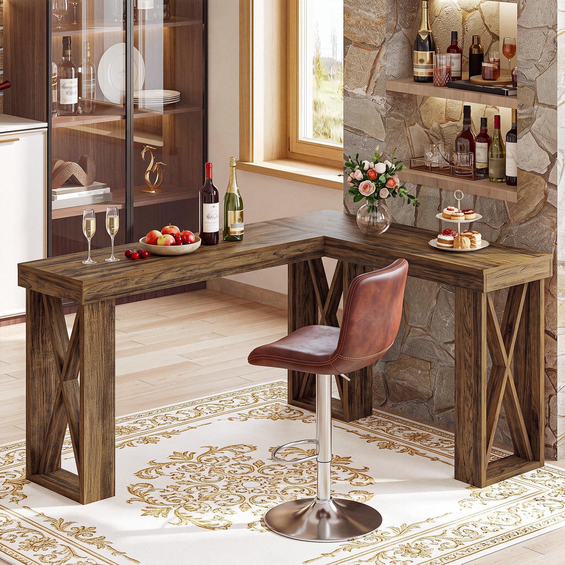 L-Shaped Bar Table, 63" x 55" High Top Corner Dining Table Pub Table with X-Cutout Leg