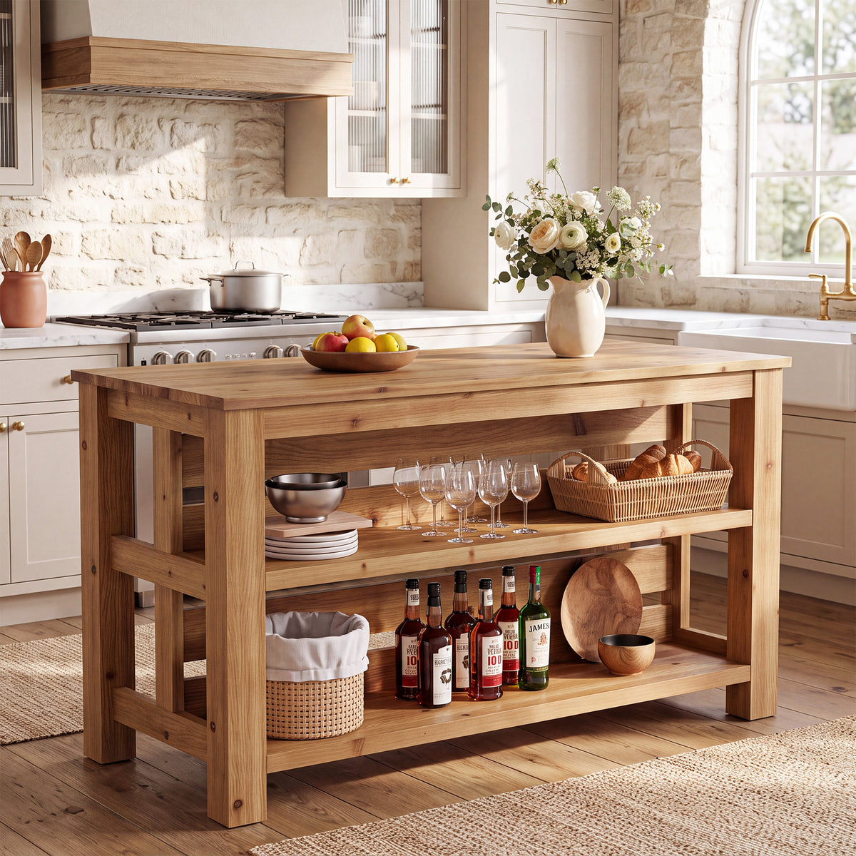 63" Farmhouse Solid Wood Kitchen Island with 3-Tier Open Storage Shelves, Prep Table