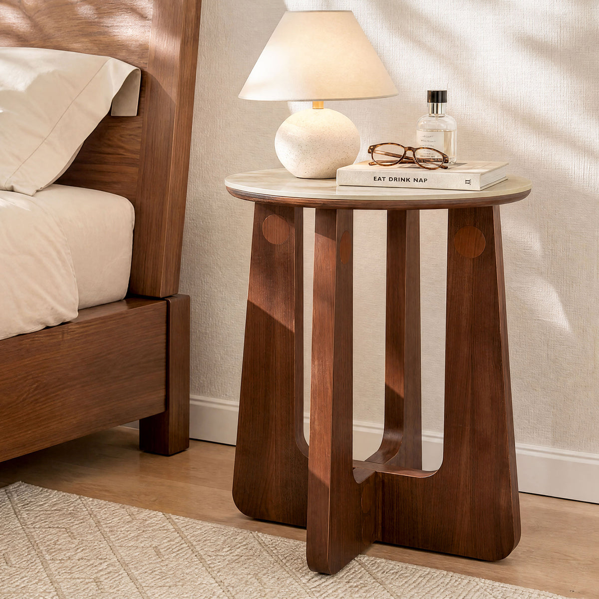 Round Sintered Stone Nightstand with Solid Wood Base, Mid-Century Modern Bedside Table