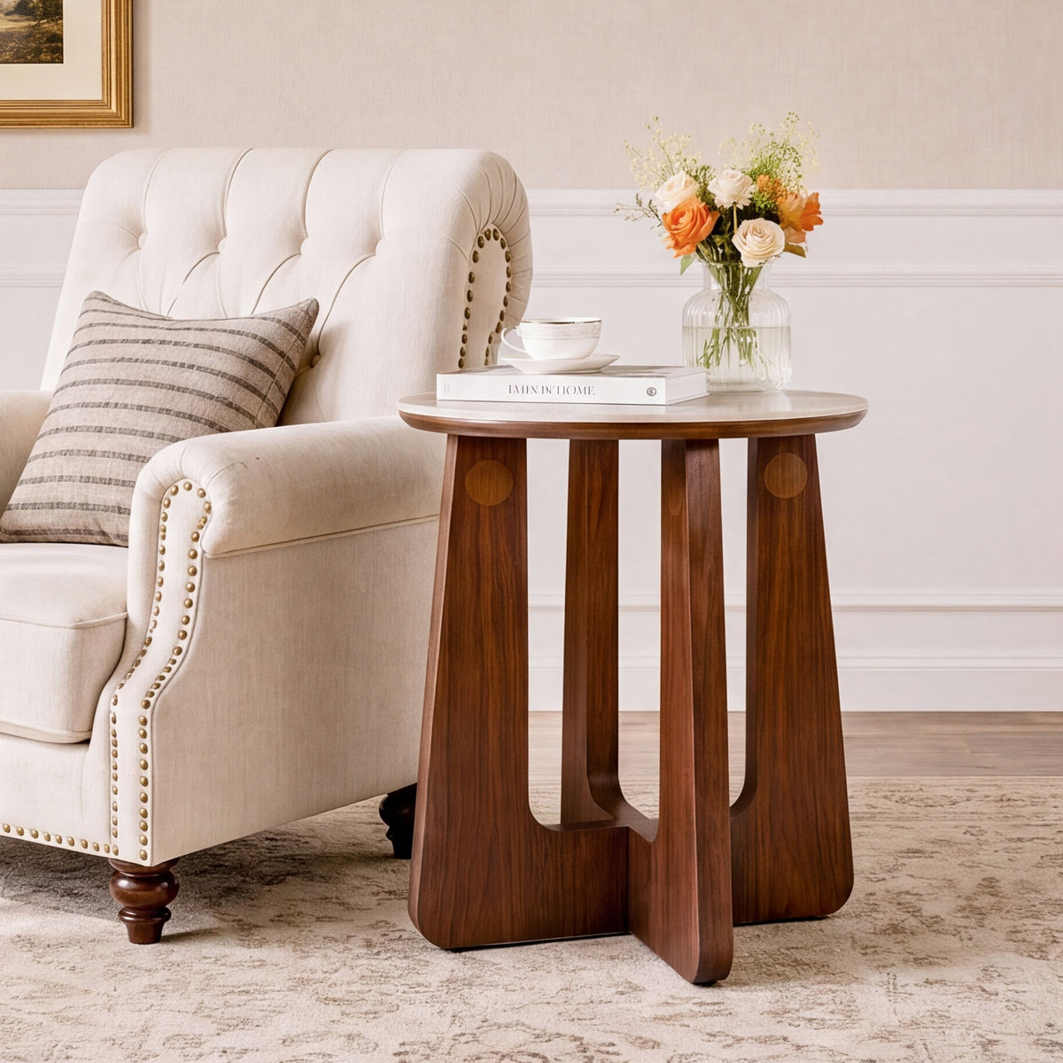 19" Round End Table, Sintered Stone with Solid Wood Base, Mid-Century Modern
