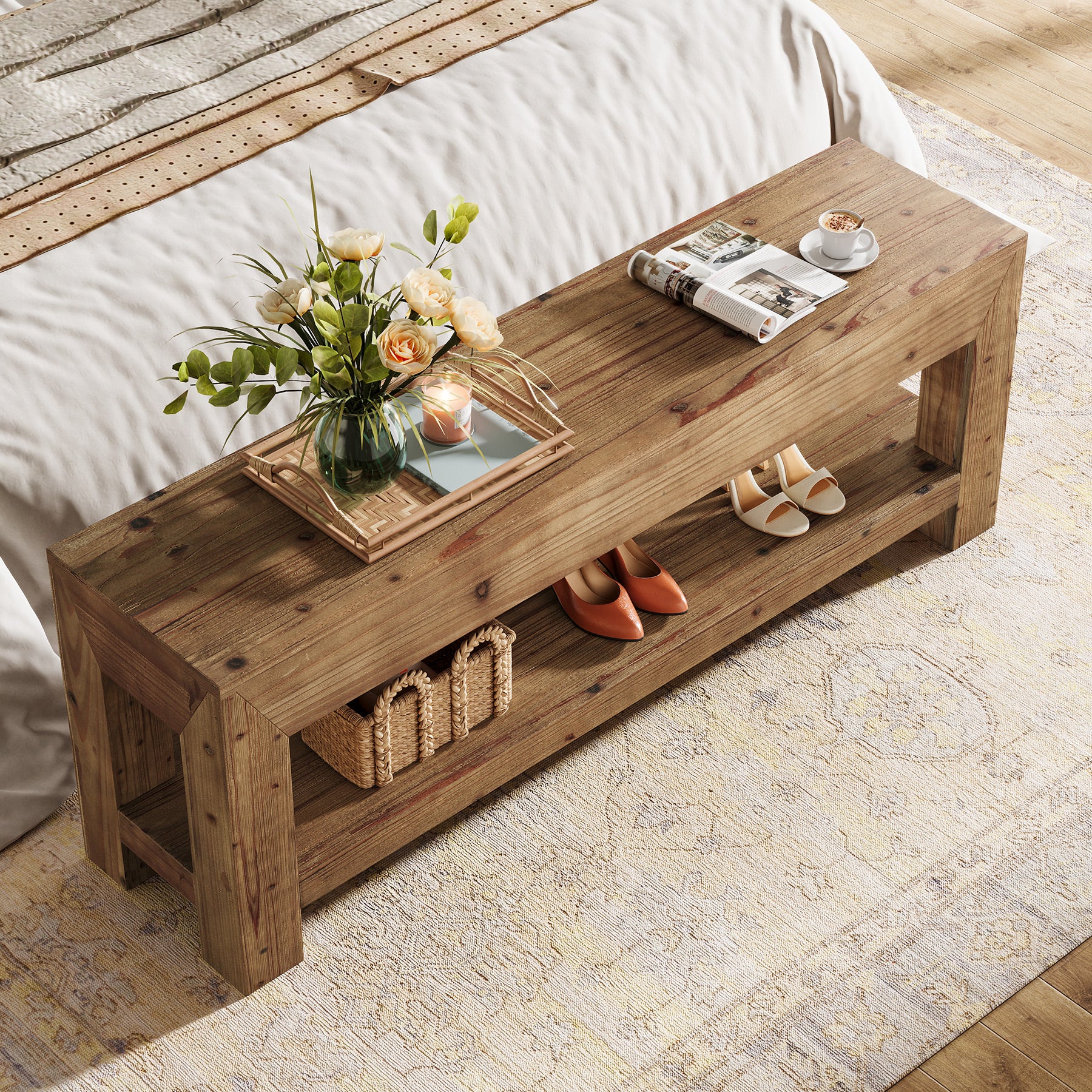 47.24" Solid Wood Entryway Bench, Narrow Shoe Bench with Open Shelves