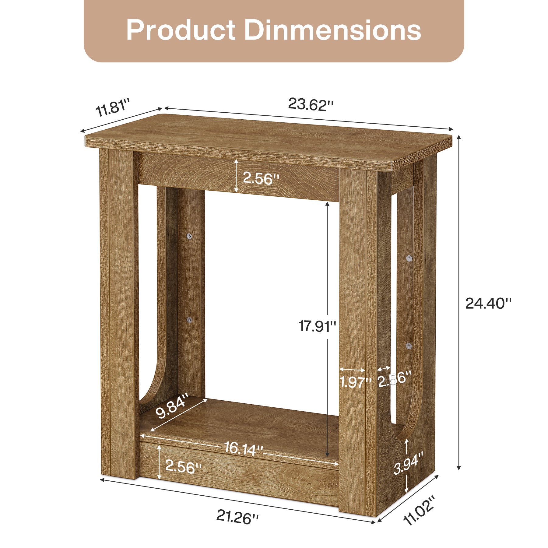 23.62" End Table with Storage Shelves, Narrow Side Table Nightstand for Living Room