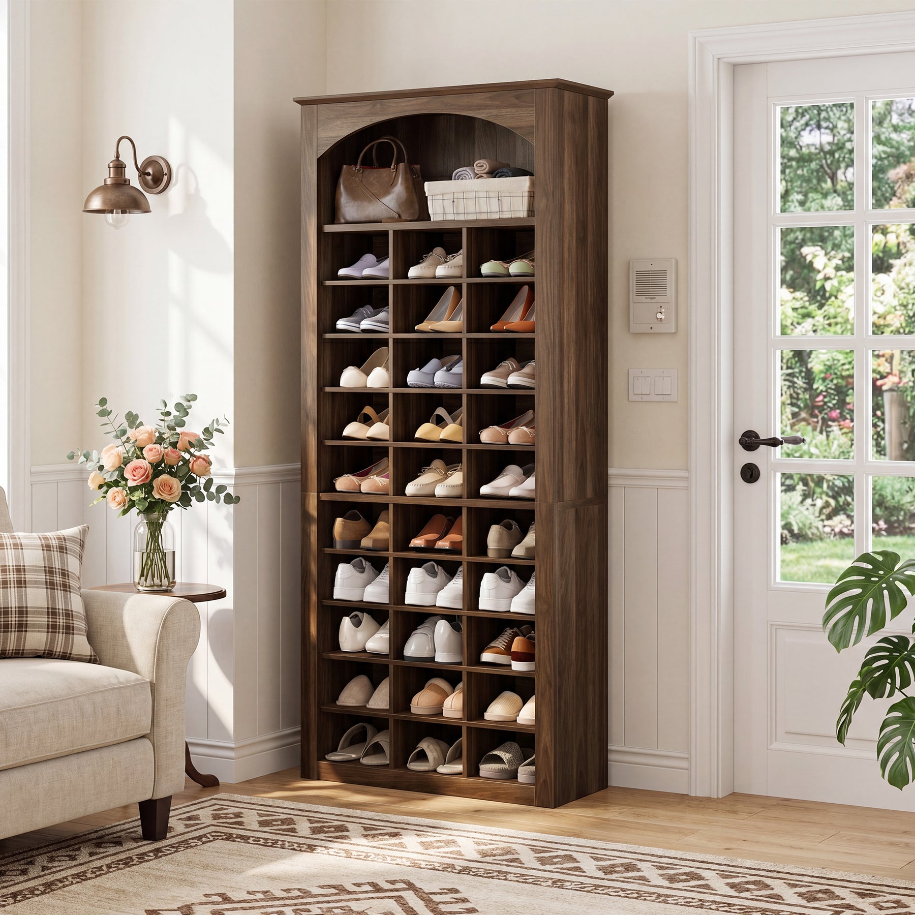 30-Cube Shoe Rack, 68.9" Shoe Cabinet with Arched Display Shelf for Entryway