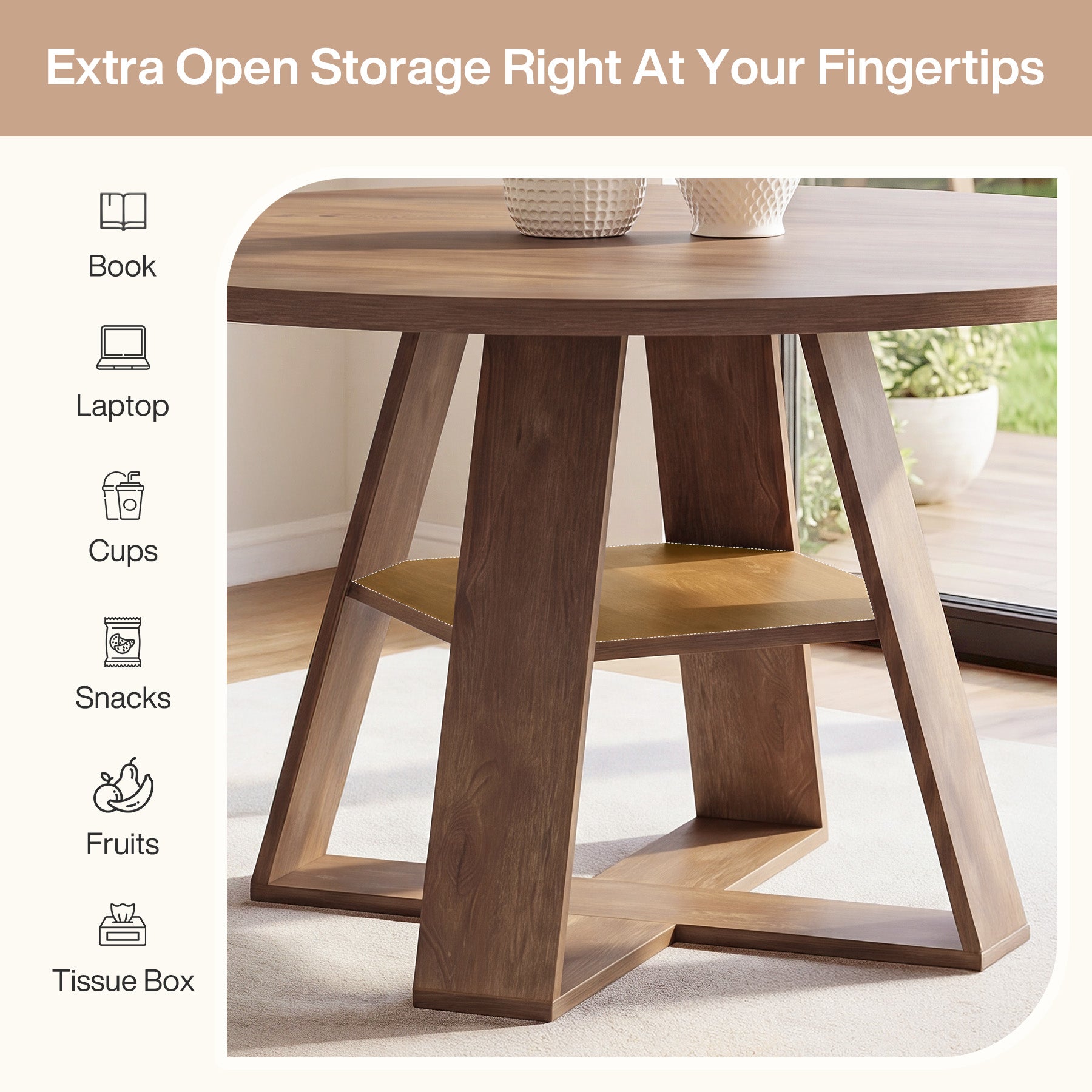 47.24" Round Dining Table for 4-6, Farmhouse Kitchen Table with Storage Shelf & X-Cross Base