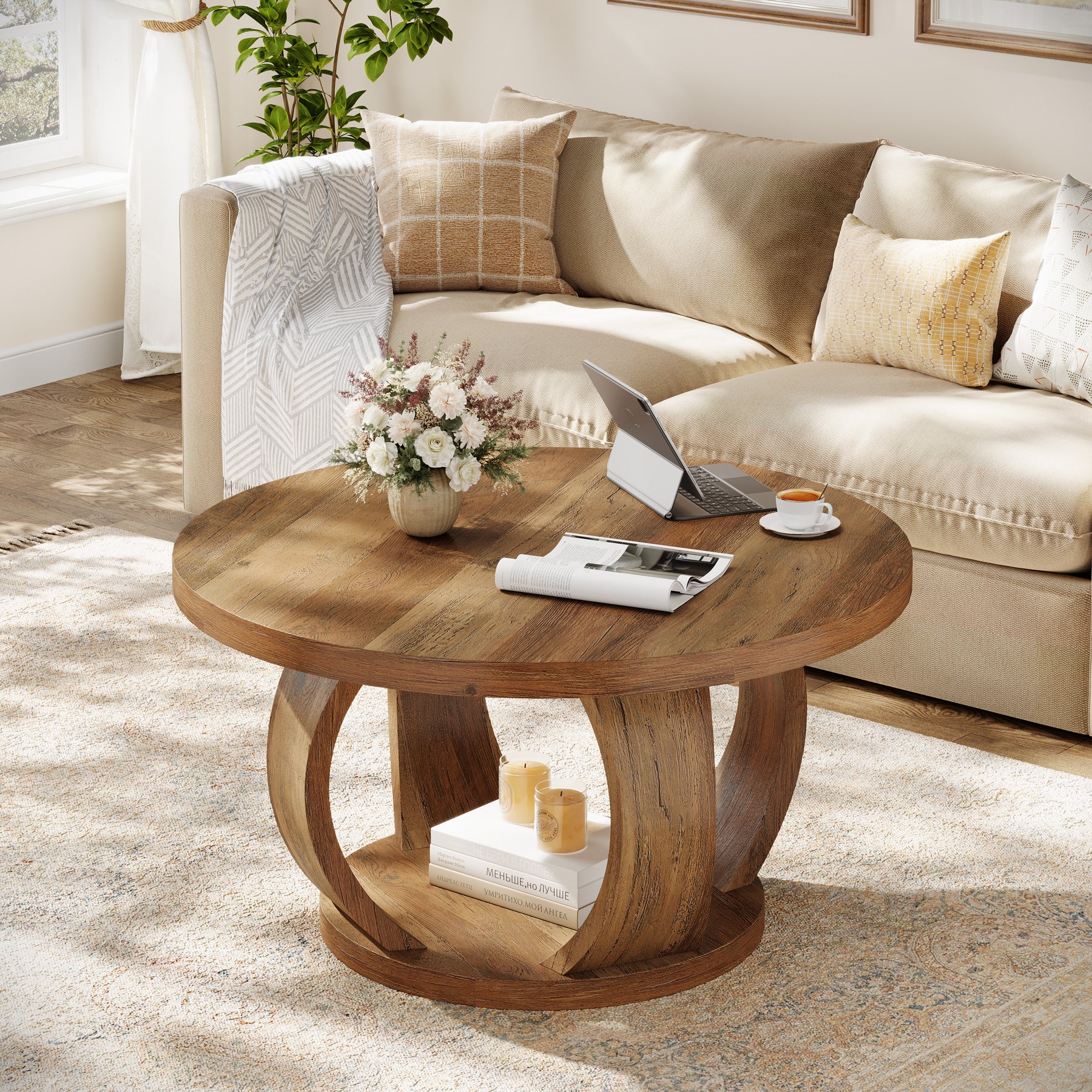 31.5" Round Coffee Table, 2-Tier Wooden Center Table with Storage