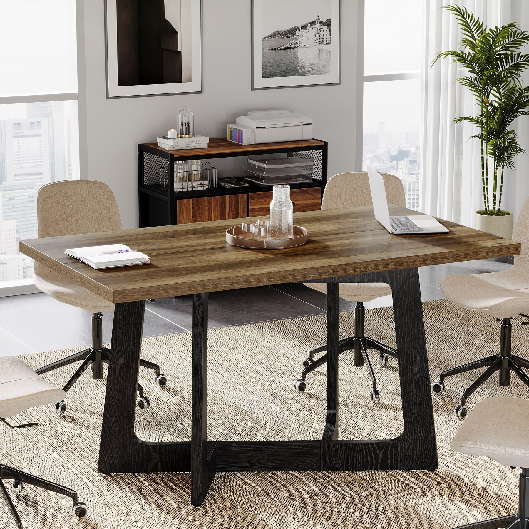 47" Industrial Conference Table for 2-4 People, Office Meeting Table with Sturdy Metal Base