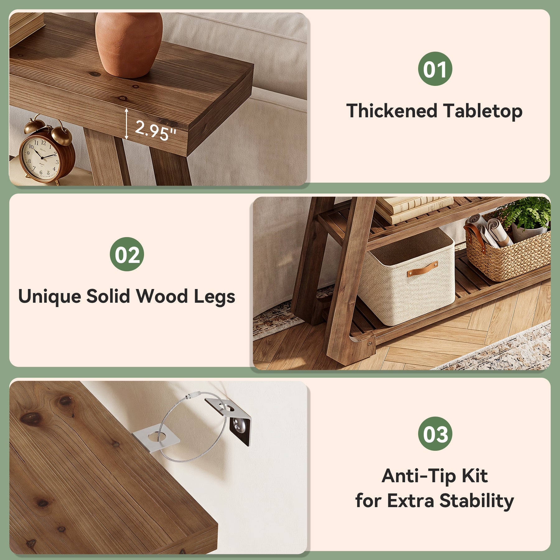 41.3" Solid Wood Console Table, 3-Tier Entryway Sofa Table for Foyer, Living Room