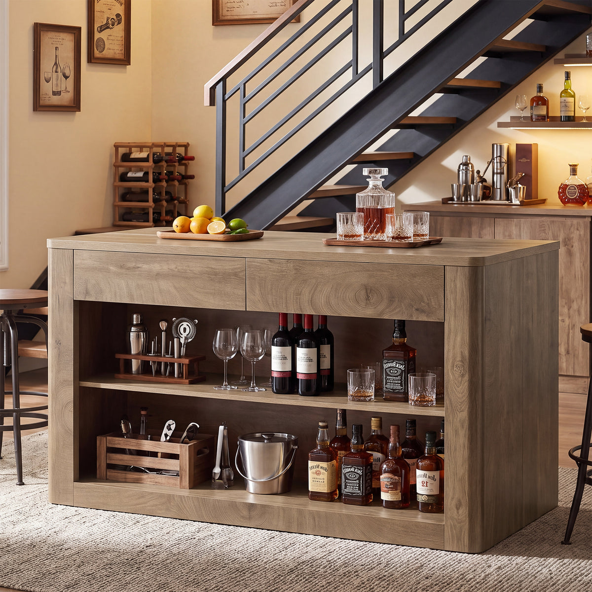 55" Bar Table with 2 Drawers, Farmhouse Pub Table with 3-Tier Open Shelves