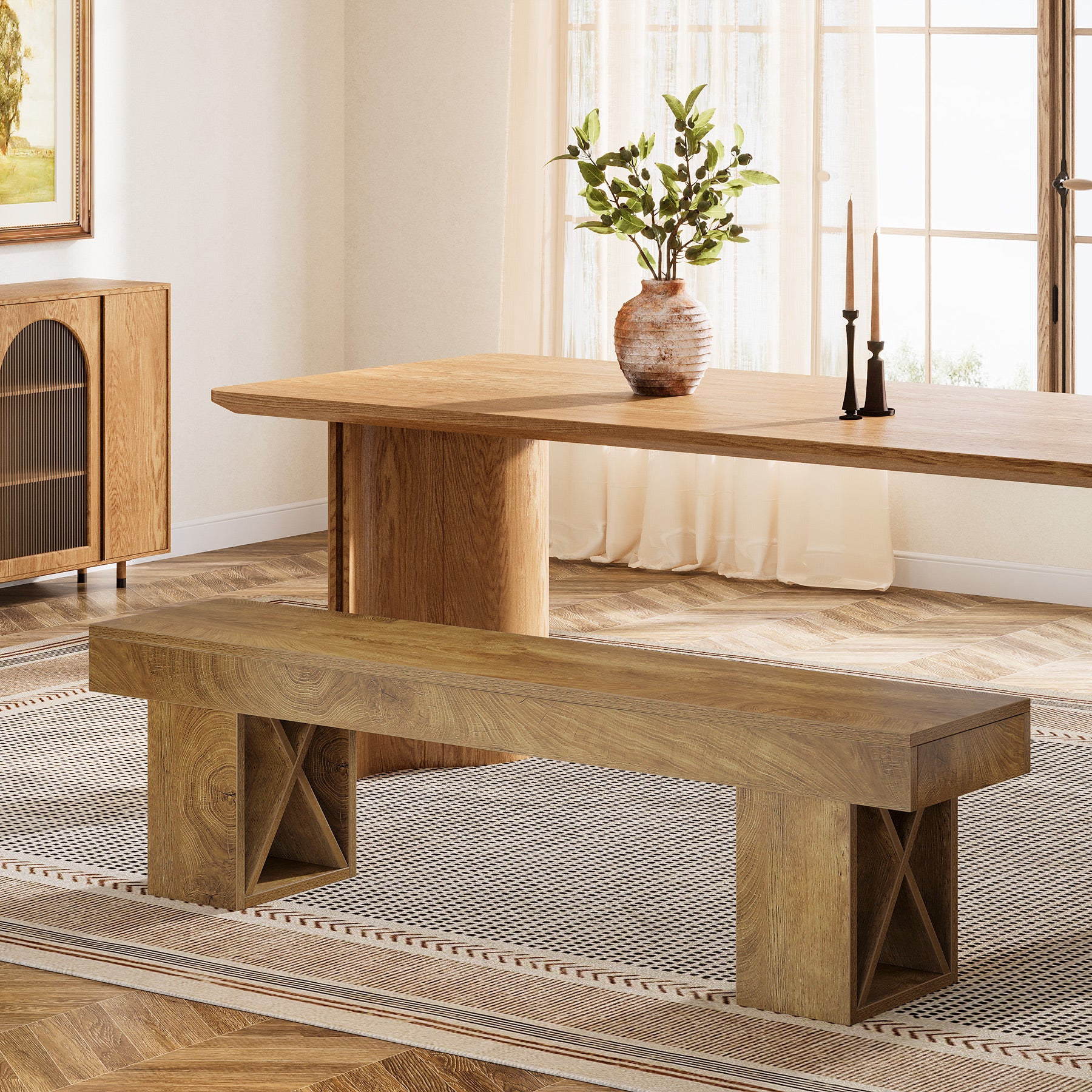 55" Dining Bench, Farmhouse Entryway Bench for Dining Room