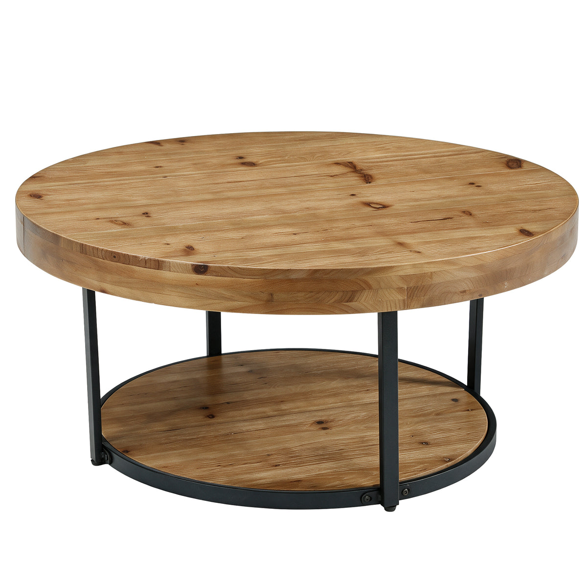 39.17" Solid Wood Round Coffee Table, 2-Tier Center Table with Metal Frame