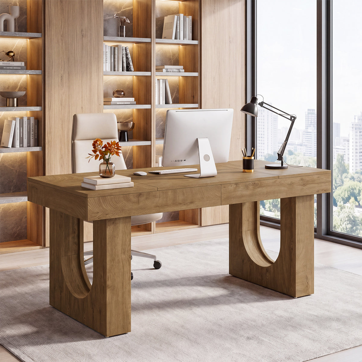 55" Farmhouse Executive Desk, Rectangular Office Computer Desk with U-Shape Double Pedestal
