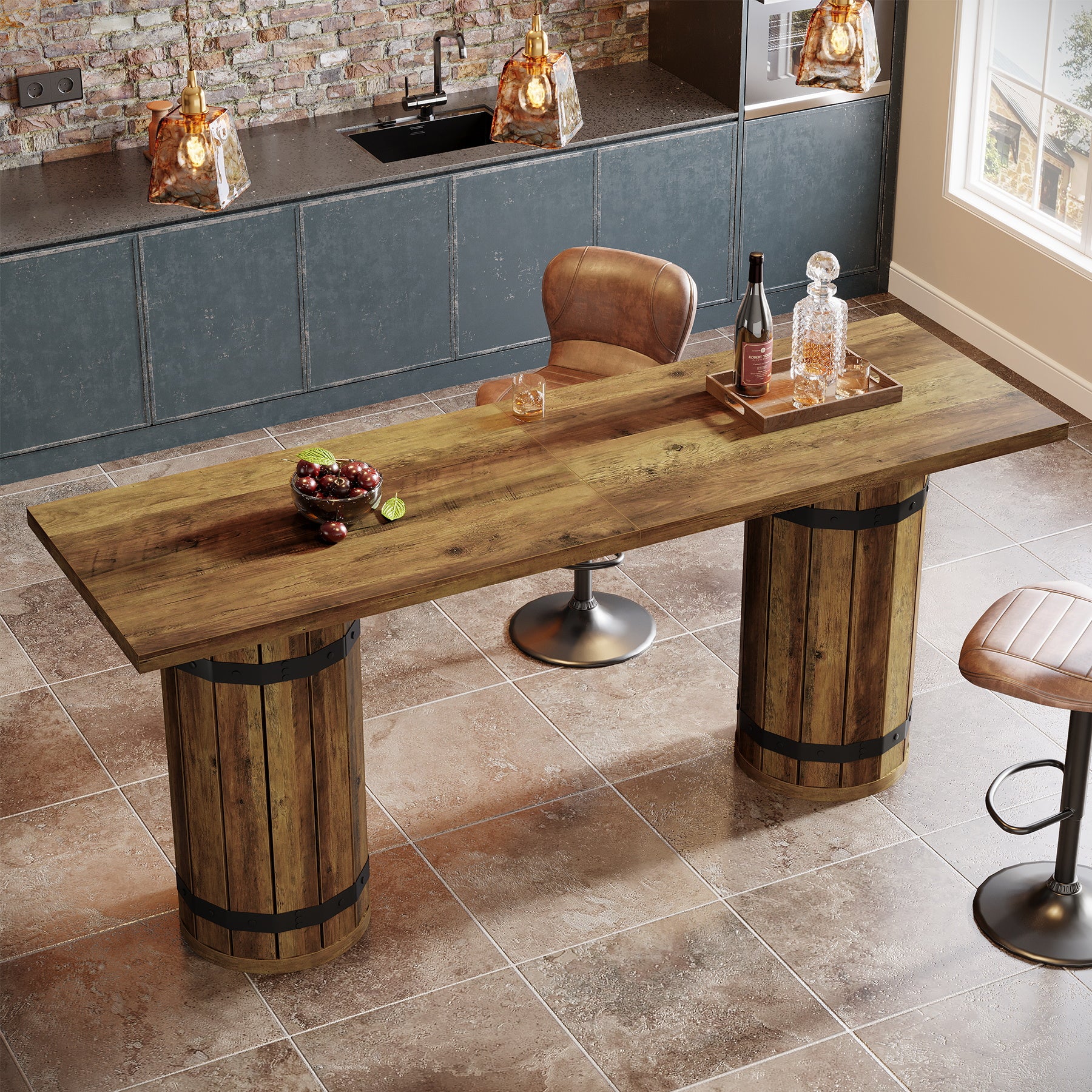 70.9" Bar Table, Rectangular Counter Height Pub Table with Fence Pedestal Base