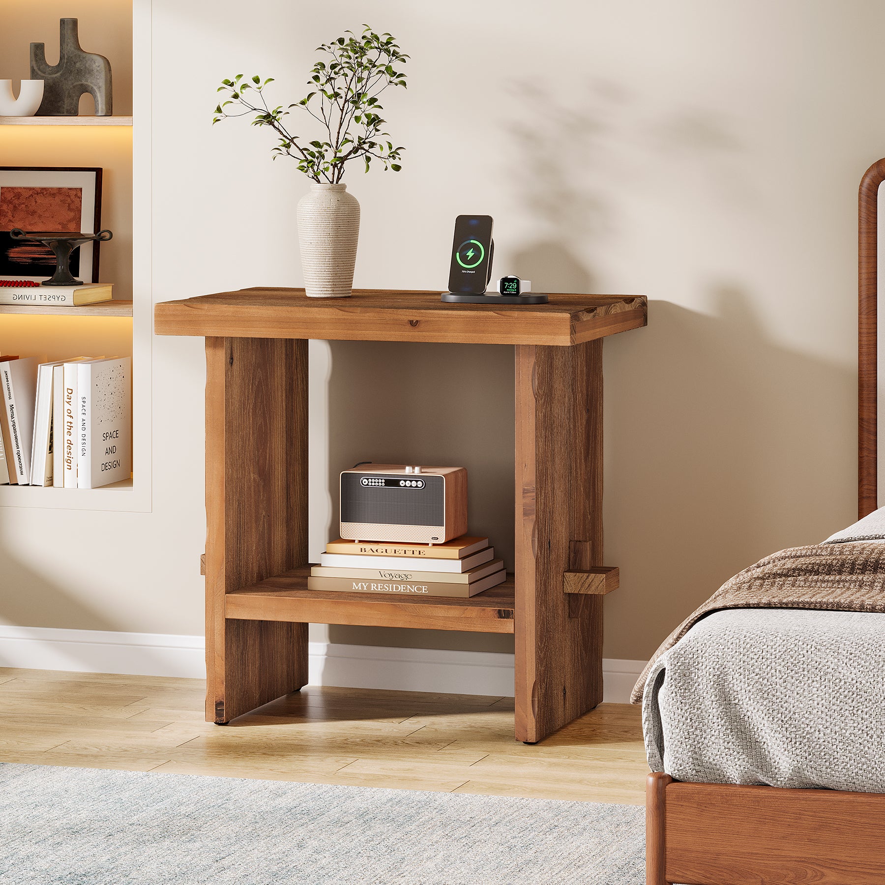 23.62-Inch Solid Wood Nightstand with Storage, Farmhouse Bedside Table with Wooden Base for Bedroom