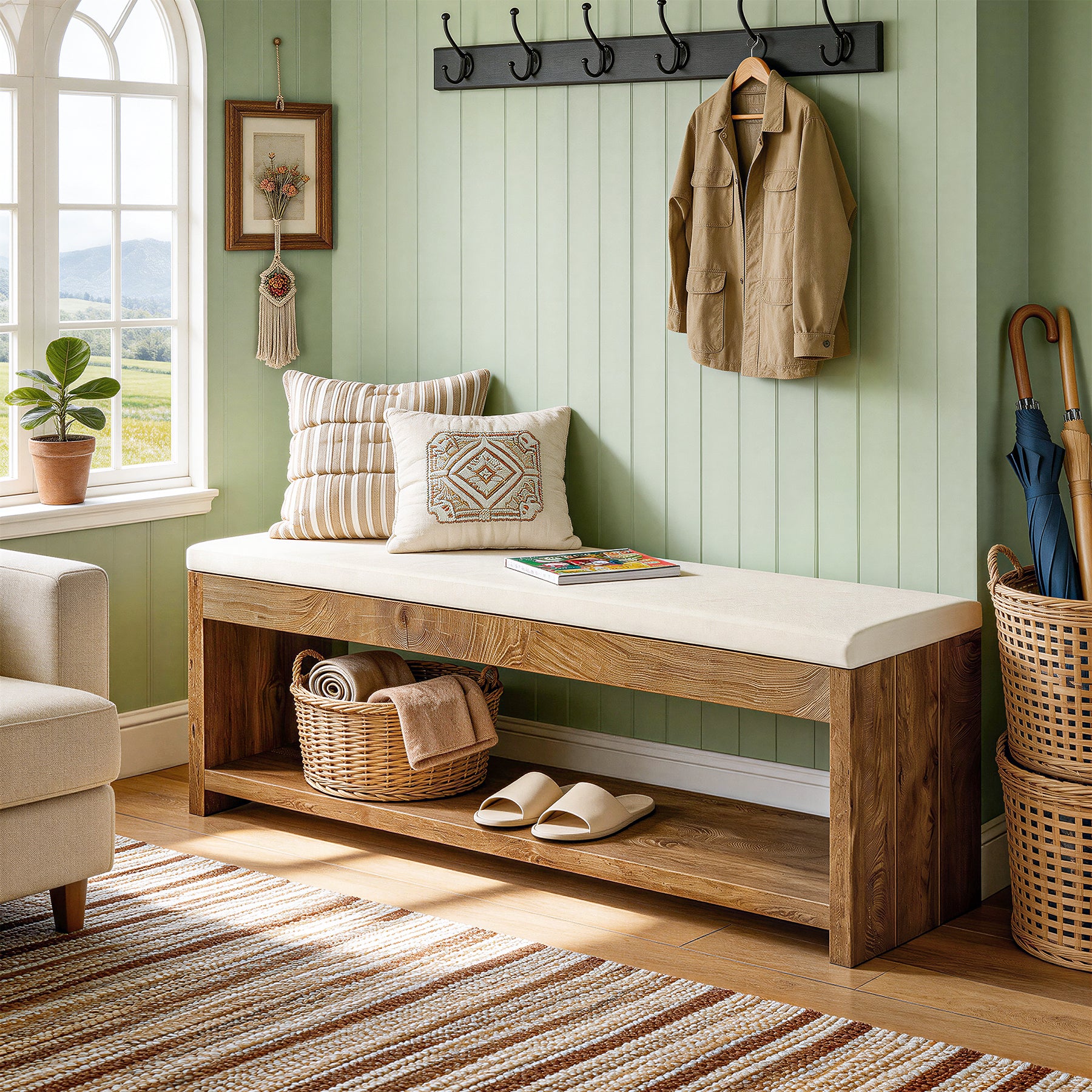 55" Entryway Bench, Wooden Shoe Bench with Cushion and Shoe Rack