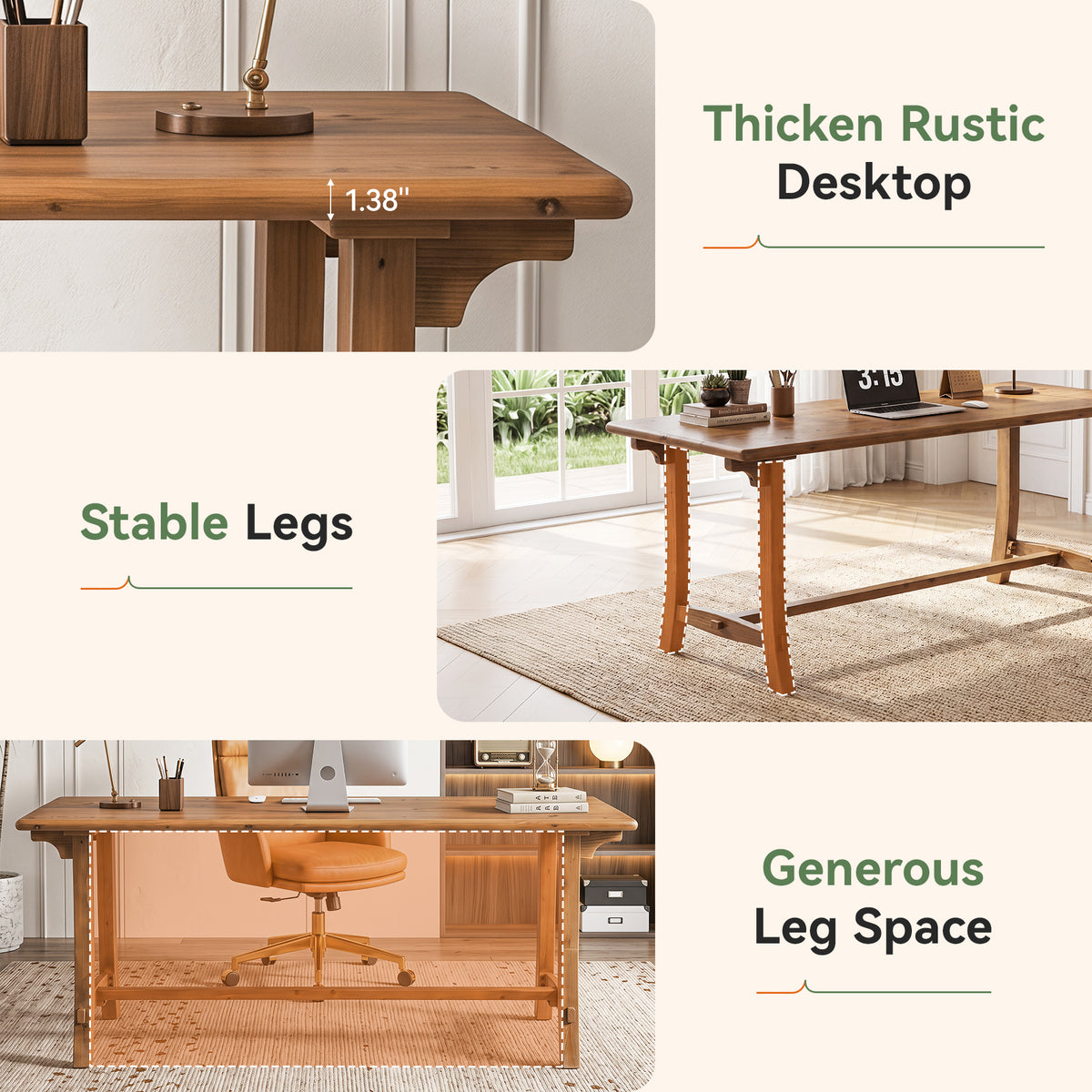 71" Rustic Executive Desk, Solid Wood Double Computer Desk, Home Office