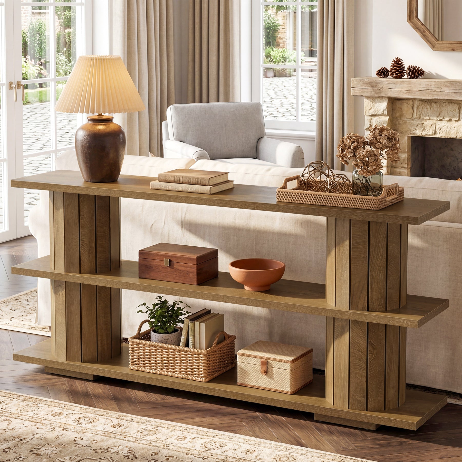 63" Console Table with Storage Shelves, Long Narrow Entryway Sofa Table with 3-Tier Shelving