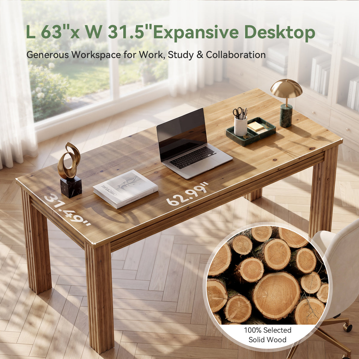 63" Solid Wood Executive Desk, Modern Computer Desk with Fluted Legs for Home Office