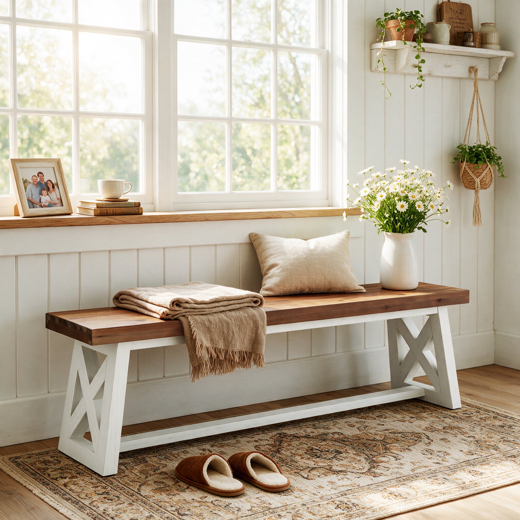 55" Farmhouse X-Leg Bench, Solid Wood Long Entryway Hallway Bench, Dining Room