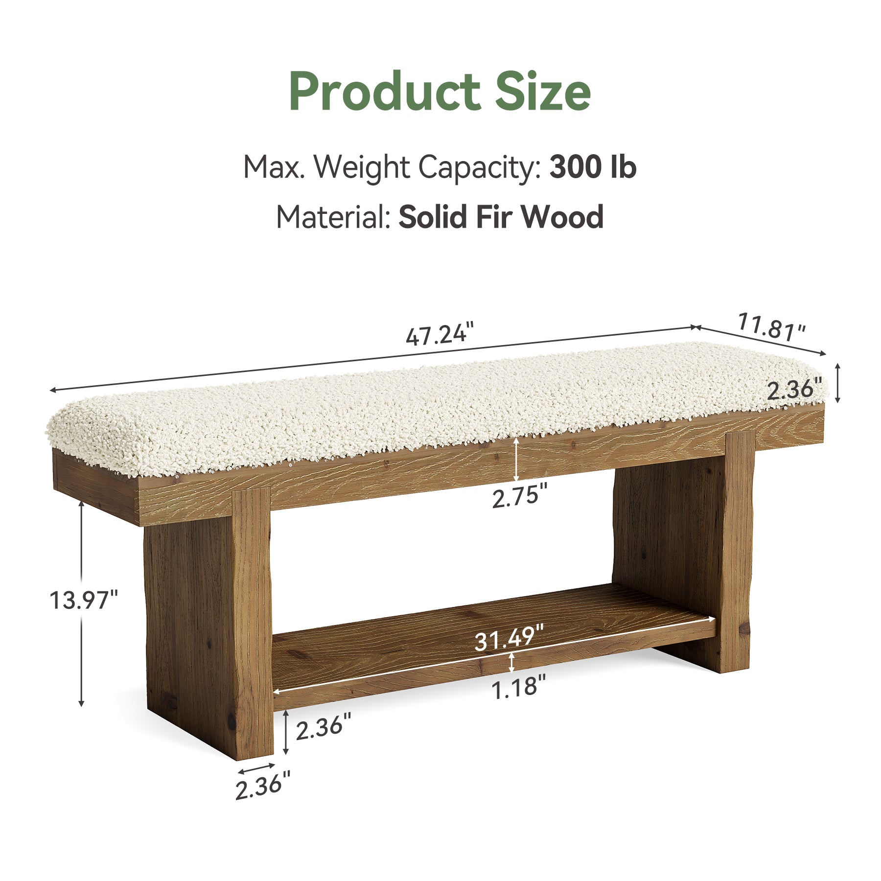 47.2" Solid Wood Farmhouse Bench, Upholstered Storage for Entryway