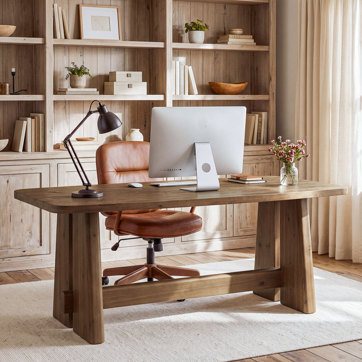 63" Farmhouse Solid Wood Executive Desk with Thick Tabletop, Home Office Desk