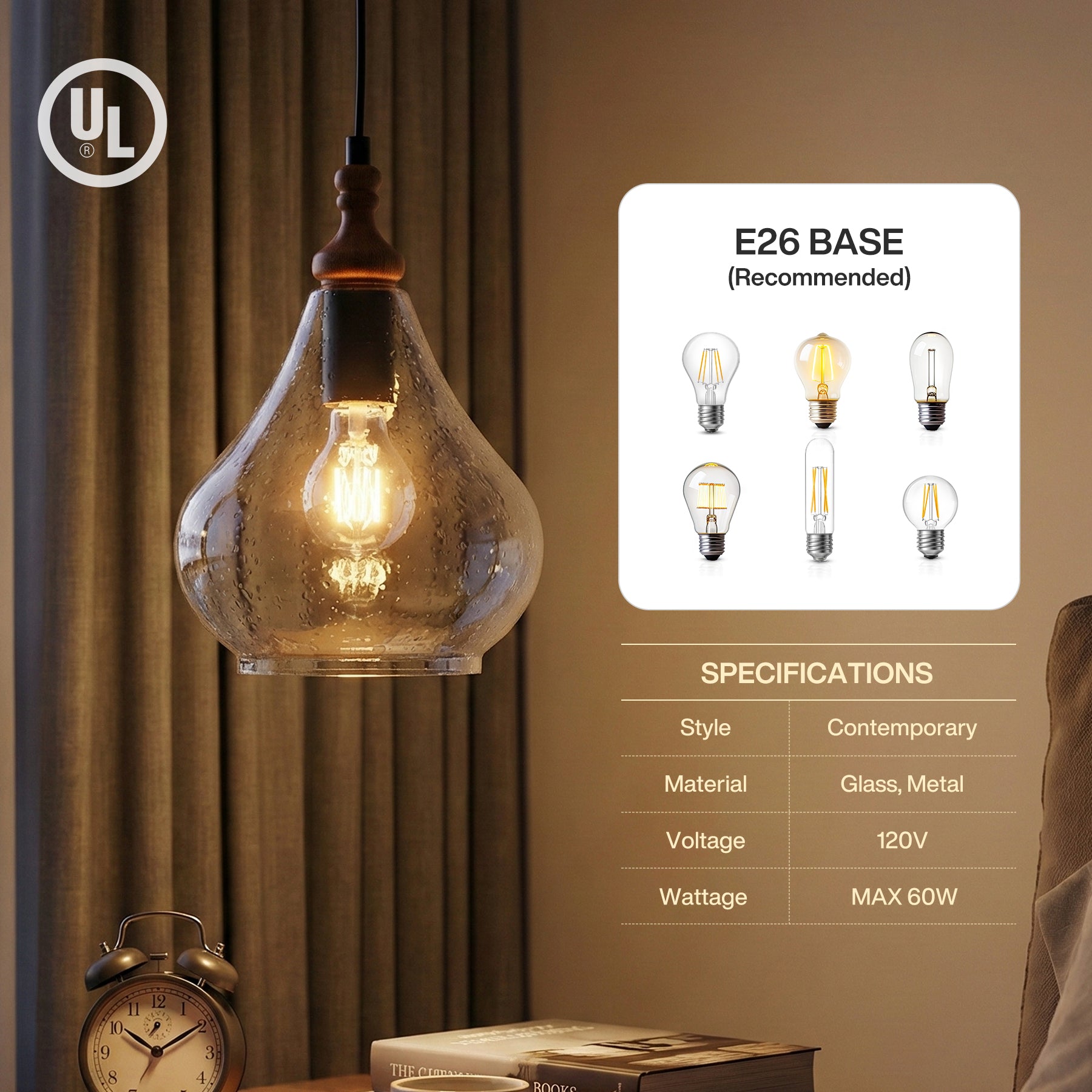 Farmhouse Teardrop Pendant Light, Adjustable Hanging Light Fixture with Seeded Glass Shade