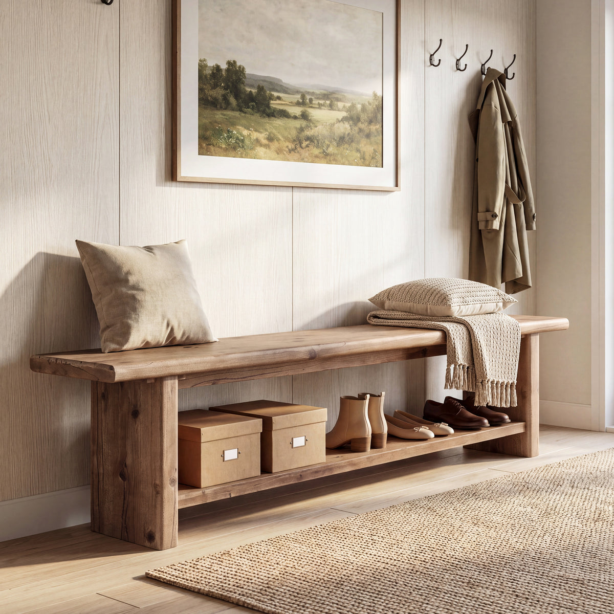71” Solid Wood Entryway Bench with Shoe Storage Shelf, Indoor Storage Bench for Hallway