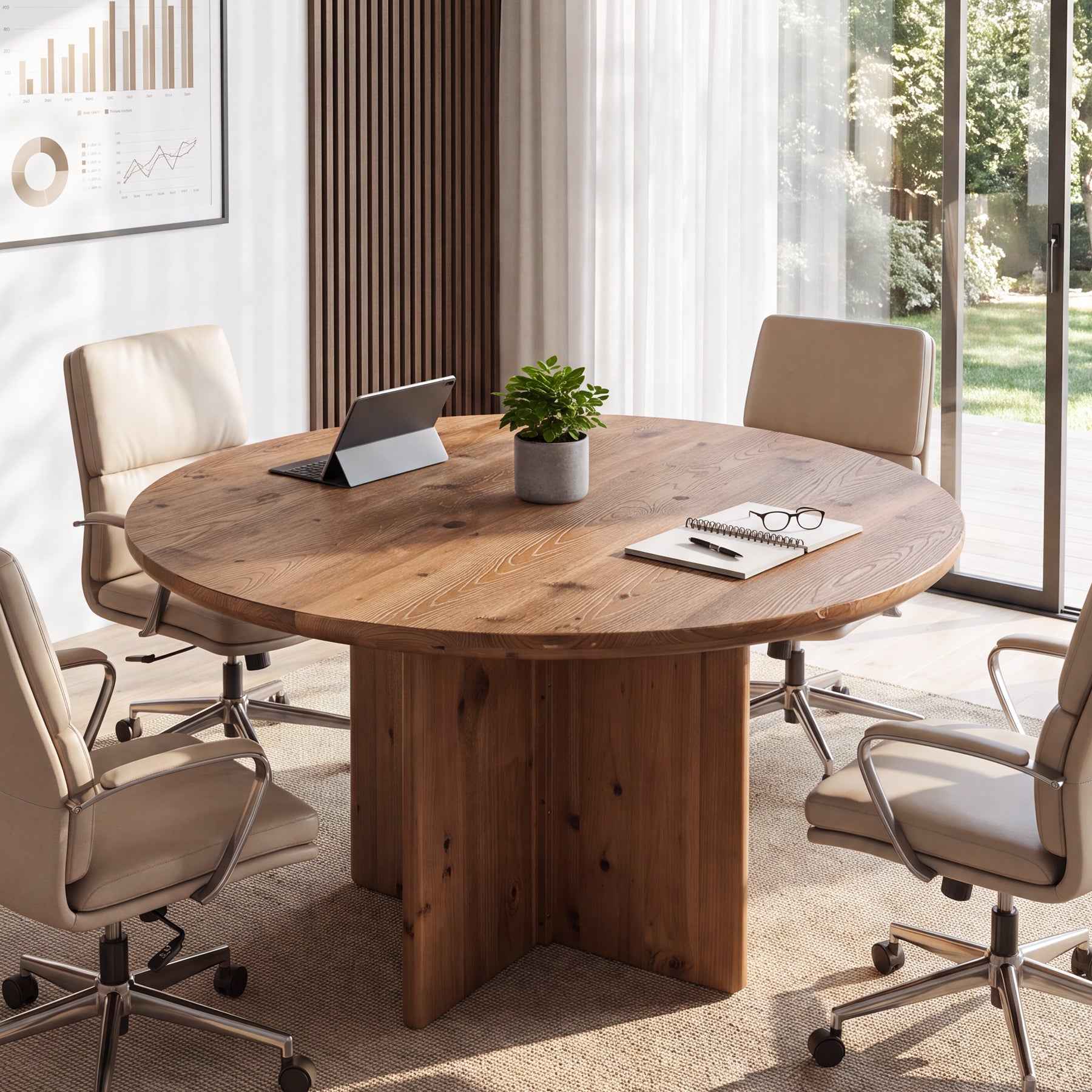 47.2" Round Conference Table, Solid Wood Office Meeting Table with Cross Pedestal Base for 4-6