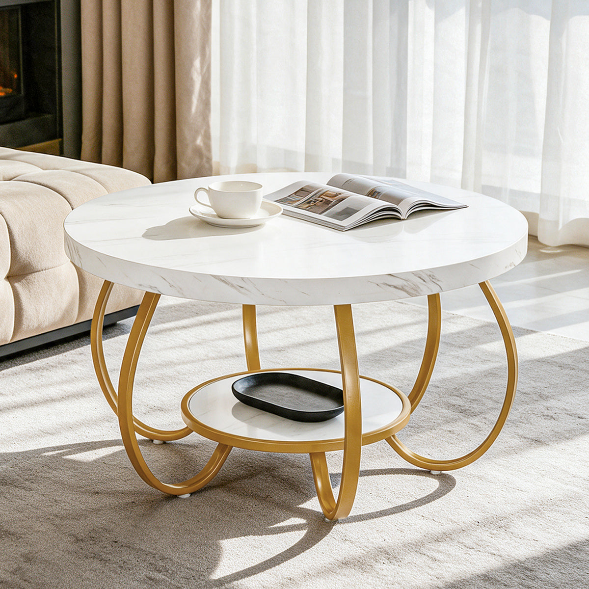 31.5" Round Coffee Table, 2-Tier Modern Center Table with Faux Marble Top & Metal Base