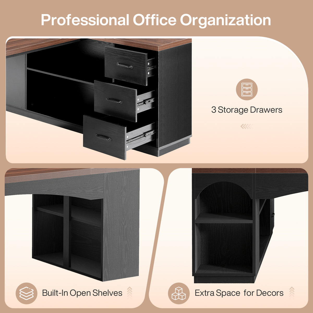 87" L-Shaped Executive Desk, 3 Drawers & Storage Cabinet, Modern Home Office Desk